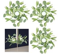4 PCS Eucalyptus Taper Candle Rings Wreaths 1.38" Mini Spring Summer Floral Taper Candle Holder Wreaths Green Artificial Flower Table Centerpieces Wreath for Church Farmhouse Home Candlesticks Decor
