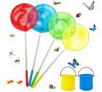 4 Pcs Extendable Fishing Nets with 2 Foldable Water Buckets Set, Telescopic Butterfly Net 38cm to 86cm, Colorful Insect & Fish Catcher with Fine Mesh, for Beach, Ponds, and Outdoor Exploration