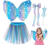 4 Pcs Fairy Costume Set for Girls, Butterfly Wing Fancy Dress Outfit with Tutu Skirt Magic Wand Bow Hairpin Kids Fairy Wings Angel Princess Costume for Kids Party Dress Up (Blue)