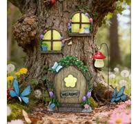 4 Pcs Fairy Doors for Garden Trees, Glow in The Dark Fairy Door and Windows for Trees, Wooden Fairys Garden Accessories, Fairys Gardens Ornaments Outdoor Decor Lawn Yard Sculpture Potted Decoration