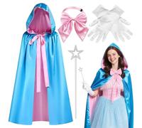 4 Pcs Fairy Godmother Costume Set for Women, Adult Fairy Princess Costume Accessories with Blue Fairy Hooded Cape Gloves Wand Bow Tie for Party Cosplay Dress Up