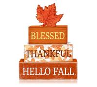 4 Pcs Fall Decorations for Home Thanksgiving Tiered Tray Decor, Fall Table Decor Farmhouse Rustic Wooden Maple Leaf Block Sign Autumn Harvest Tabletop Centerpieces for Home Kitchen Indoor