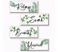 4 Pcs Farmhouse Bathroom Wall Decors Relax Soak Unwind Breathe Wooden Word Sign Green Hanging Wall Art Rustic Office Wall Decor for Bedroom Living Room Vintage Decorations(Green Leaves 10X4 Inch)