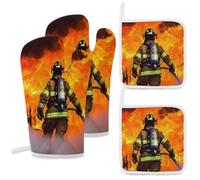 4 Pcs Firefighter Fireman Flame Oven Mitt and Pot Holder Set, Heat Resistant Long Oven Gloves & Hot Pads with Hanging Loop for Cooking Baking BBQ, Ideal Kitchen Gift for Cooks Bakers