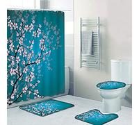 4 Pcs Flower Shower Curtain Sets with Bath Rugs Set,Flowers & Butterflies & Plants Waterproof Curtains Bathroom Decor with Non-Slip Rug, Toilet Cover,Absorbent Mats+ Hooks (Blue 02)