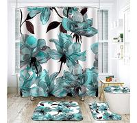 4 Pcs Flower Shower Curtains with Bath Rugs Bathroom Decorations Sets，Rustic Floral Bathtub Decor Set Bath Mat Non-Slip Carpet Toilet Seat Cover and Hooks, 71 Inch Room Accessory Kit (Teal)