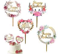 4 Pcs Flowers Cake Toppers, Flowers Happy Birthday Cake Topper, Acrylic Birthdays Party Wedding Supplies