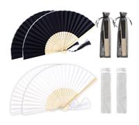 4 Pcs Folding Hand Fans, Fabric Folding Fan with Organza Bags, Bamboo Handheld Fan for DIY Summer Wedding Gift, Dancing, Home Decorations(White, Black)