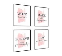 4 pcs Frame Wall Art Stay Positive Make It Happen Motivational Inspirational Quote Pink Canvas Painting Poster Pictures for Teenage Girl Bedroom Decor Office