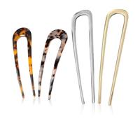 4 PCS French Hair Pin, U Shaped Metal Hair Fork, 2 Prong Updo Chignon Clip Sticks Buns Gold Silver Tortoiseshell Twist Fork for Classic French Variety Hairstyle Women Girls Variety Occasions