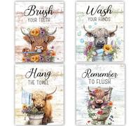 4 Pcs Funny Bathroom Wall Art Decor, Highland Cow Rustic Farmhouse Bathroom Wall Art, Canvas Bathrooms Pictures Unframed 8X10In for Kitchens, Bedrooms Animal Arts Prints