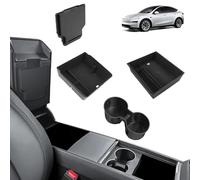 [4 PCS] GAFAT 2025 2026 Tesla Model Y Juniper (Only Premium & Performance) Centre Console Storage Box Set, 2 Flocked Armrest Organisers, 1 Drink Holder, 1 Hidden Box, Model Y 2026 Accessories