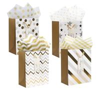 4 Pcs Gift Bags Medium Size with Tissue Paper, White Gold Gift Bags with Golden Rope Handles 4 Patterns, Birthday Party Bag 22.8×18×10cm, Gift Bags for Presents Shopping Party Wedding Baby Shower