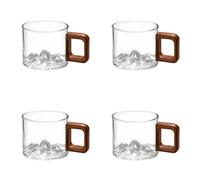 4 Pcs Glass Cup Set, 3.04 oz Small Capacity Tea Mugs with Wooden Handle, Transparent High Borosilicate Heat Resistant Drinking Glasses for Kung Fu Tea, Espresso, Sake, Desserts, Mountain View Design
