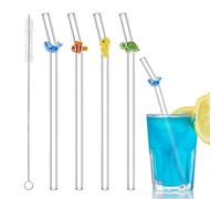 4 Pcs Glass Straws Shatter Resistant with 1 Cleaning Brushes, Colorful Cute Reusable Straw Dishwasher Safe for Ocean Themed Party Decorations, Juice, Summer Beach, Birthday Party(Sea Animal)