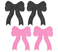 4 Pcs Glitter Bow Iron On Patches, 2 Pink & 2 Black Bowknot Embroidered Appliques, Cute Large Bow Patch, DIY Sewing Patch for Jacket, Jeans, Hat & Backpack(5.12" x 4.13")