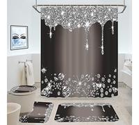 4 Pcs Glitter Diamond Shower Curtain Sets, Black Silver Shiny Drips Bath Decor with Mat and Toilet Lid Cover, Deep Grey Luxury Texture Colorful Bling Modern Bathroom Curtain with 12 Hooks, 72 x 72 in