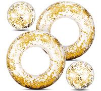 4 Pcs Glitter Inflatable Pool Float Tube Confetti Swim Ring and Glitter Beach Ball Confetti Inflatable Beach Ball for Adult Teens Summer Pool Favor(Gold)