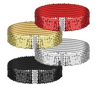 4 Pcs Glitter Sequin Belt, Wide Waist Elastic Belt Disco 70s 80s Metal Buckle Belts Clothing Accessories for Women Girl Bridal Dance Party Dresses Costume (Gold,Silver,Black,Red)