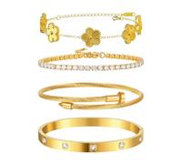 4 Pcs Gold Clover Bracelets for Women 18K Gold Plated Floral Bracelet Set Stackable Four Leaf Clover Bangle Bracelet Set Stainless Steel Bangles Non Tarnish Lucky Link Bracelets Jewelry Gifts (Gold)