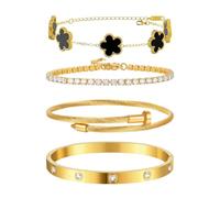 4 Pcs Gold Clover Bracelets for Women 18K Gold Plated Floral Bracelet Set Stackable Four Leaf Clover Bangle Bracelet Set Stainless Steel Bangles Non Tarnish Lucky Link Bracelets Jewelry Gifts (Black)