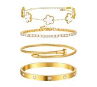 4 Pcs Gold Clover Bracelets for Women 18K Gold Plated Floral Bracelet Set Stackable Four Leaf Clover Bangle Bracelet Set Stainless Steel Bangles Non Tarnish Lucky Link Bracelets Jewelry Gifts (White)