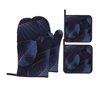 4 Pcs Gold Gloss Outline Navy Dark Blue Oven Mitts and Potholders,Kitchen Oven Glove with Pot Holders,Non-Slip Gloves High Heat Resistant 500 Degree for BBQ, Grill, Baking, Cooking, Oven, Microwave
