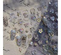 4 PCS Gold Nail Art Stickers, 3D Self-Adhesive Hibiscus Butterfly Decals Metallic Stars Heart Coil Designs for Women Nail Salon Supplies