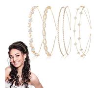 4 Pcs Gold Rhinestone Headbands for Women, Flower Leaf Tiara Crown Head Band Wedding Hair Accessories for Women Girls (Style C, One Size)
