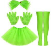 4 PCS Green Monster Christmas Costume Women Girls, Fuzzy Bow Headband Fluffy Gloves Green Tutu Knee High Socks, Women Monster Santa Costume Accessories for Christmas Outfits Holiday Party Cosplay