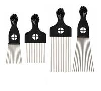 4 Pcs Hair Pick For Black Men Stainless Steel Afro Pick Set Fist Design Essential Hairdressing Styling Tool Wide Tooth Comb Salon Using Black Metal Afro Combs For Hair Styling For Natural Curly