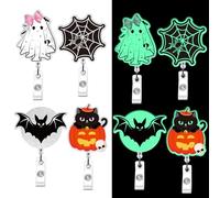 4 Pcs Halloween Badge Reels Retractable, Glow in The Dark Cute Ghost Cat Bat Spider Web ID Badge Holder with Swivel Clip, Fun Holiday Gifts for Nurses Teachers Office Staff