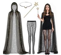 4 Pcs Halloween Black Celestial Witch Cloak Set, Tulle Moon Star Witch Hooded Cape with Starry Stockings, Head Chain Magic Wand for Women Halloween Wedding Gothic Costume Party