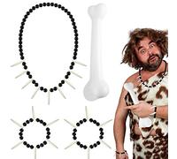 4 Pcs Halloween Caveman Costume Set 1 Pcs Halloween Fake Bone Plastic Prehistoric Caveman Bone Prop 1 Pcs Caveman Necklace Skull Skeleton Teeth Necklace 2 Pcs Tooth Bone Bracelet for Party Bar Decor