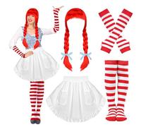 4 Pcs Halloween Fast Food Costume Red Braided Wig Half Waist Apron Striped Arm Sleeves Knee High Socks for Halloween Women Cosplay Party Outfits Dress Up