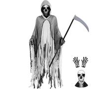 4 Pcs Halloween Reaper Costume for Adult Set Include Hooded Cloak Robe Skull Mask Gloves and Scythe for Props Cosplay Dress-up Party