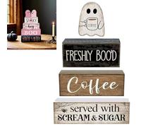 4 Pcs Halloween Table Decoration Coffee Bar Ghost Wooden Sign Tiered Tray Decor,Happy Halloween Wooden Block Ghost Rustic Centerpiece Sign for Farmhouse Holiday Fireplace Shelf Party Decor (C3)