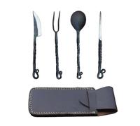 4 Pcs Hand Forged Cutlery Set Medieval Viking Kitchen Utensils Eating Tools Table Top Flatware Set with Leather Case Gift