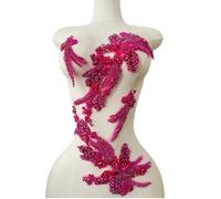 4 PCS Hand-Made Beaded Rhinestons DIY Clothing Appliques Patch Wedding Dress Decoration Three-Dimensional Flower Applique 2 Pairs (Rose red)