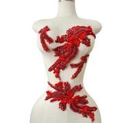 4 PCS Hand-Made Beaded Rhinestons DIY Clothing Appliques Patch Wedding Dress Decoration Three-Dimensional Flower Applique 2 Pairs (Red)