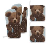 4 Pcs Happy Bear Oven Mitt and Pot Holder Set, Heat Resistant Long Oven Gloves & Hot Pads with Hanging Loop for Cooking Baking BBQ, Ideal Kitchen Gift for Cooks Bakers