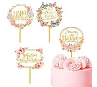 4 Pcs Happy Birthday Cake Decoration,Acrylic Flower Cake Toppers for Various Birthday Party Anniversary Cake Pastries Decorations (Gold)
