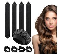4 Pcs Heatless Hair Curler, Satin Heatless Curling Rods, Heatless Curls Blowout Rods with Satin Silk Bonnet + 4 Hair Ties, No Heat Overnight Blowout Rods for All Hair Types, Sleep DIY