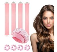 4 Pcs Heatless Hair Curler, Satin Heatless Curling Rods, Heatless Curls Blowout Rods with Satin Silk Bonnet + 4 Hair Ties, No Heat Overnight Blowout Rods for All Hair Types, Sleep DIY Hair Curls