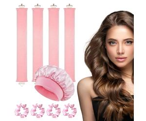 4 Pcs Heatless Hair Curler, Satin Heatless Curling Rods, Heatless Curls Blowout Rods with Satin Silk Bonnet + 4 Hair Ties, No Heat Overnight Blowout Rods for All Hair Types (Pink)