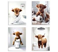 4 PCS Highland Cow Canvas Posters Set, Cute Highland Cow Wall Art for Bathrooms Funny Bathroom Wall Art, Bathroom Decorations Poster Suitable for Toilet Bedroom Living Room (Unframed)