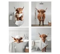 4 Pcs Highland Cow Wall Art Posters, Funny Bathroom Wall Art Decor, Highland Cow Gifts for Women, Humor Abstract Prints Canvas Pictures for Toilet Bedroom Home Decor, 25 X 20 cm Unframed
