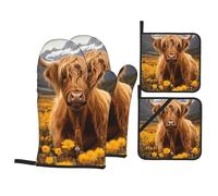 4 Pcs Highland Cows Oven Mitts and Potholders,Kitchen Oven Glove with Pot Holders,Non-Slip Gloves High Heat Resistant 500 Degree for BBQ, Grill, Baking, Cooking, Oven, Microwave