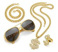 4 Pcs Hip Hop Costume Accessories Set, Shiny Fake Gold Chain, Bracelet, Dollar Sign Ring and Rapper Glasses, 80s 90s Old School Rapper Outfits for Men Women, Carnival and Disco Party Decorations