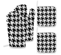 4 Pcs Houndstooth Black Oven Mitt and Pot Holder Set, Heat Resistant Long Oven Gloves & Hot Pads with Hanging Loop for Cooking Baking BBQ, Ideal Kitchen Gift for Cooks Bakers